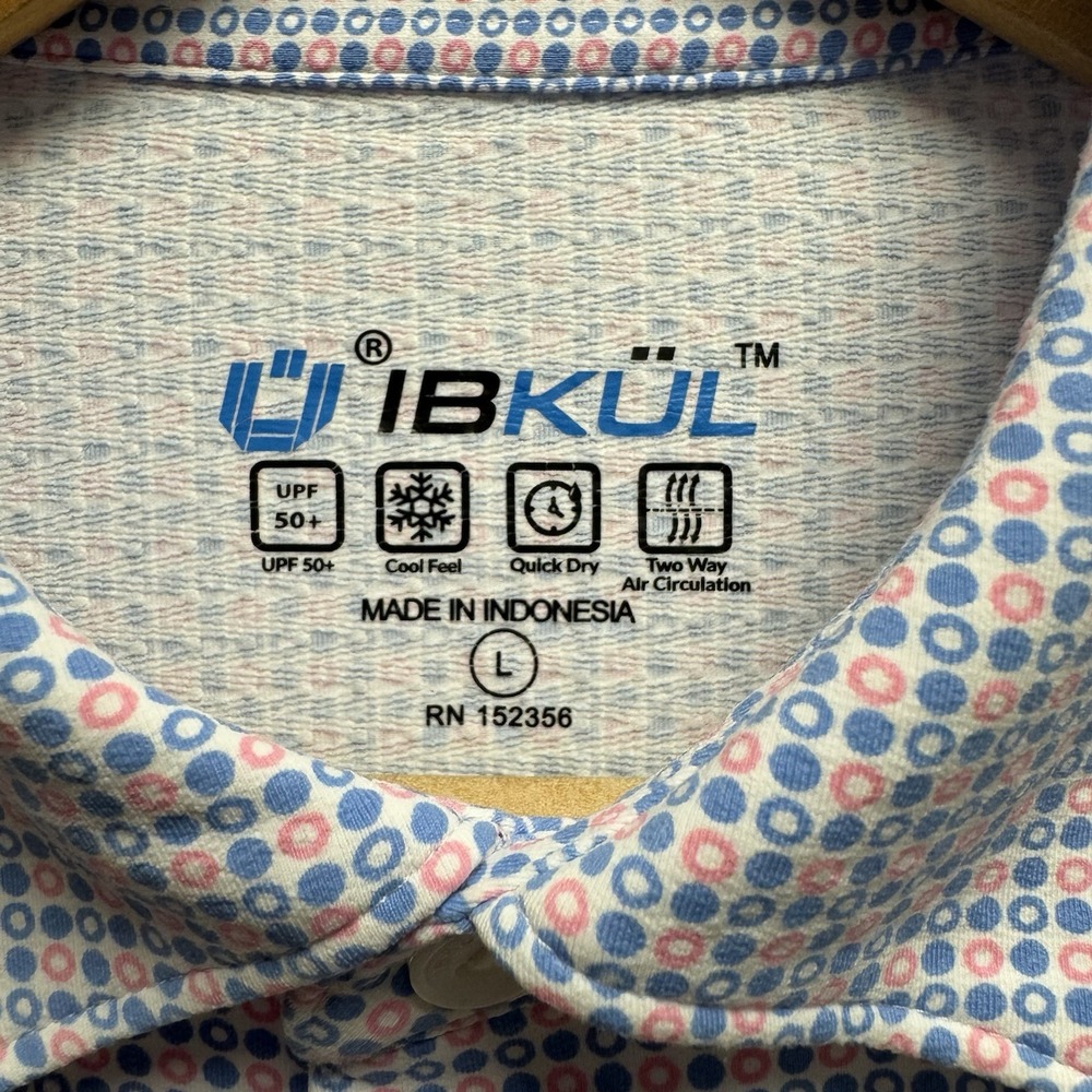 IBKUL Men's Sz Large Blue/Pink/White Polka Dot UPF 50+ Cool L/S Performance Polo - Picture 3 of 5